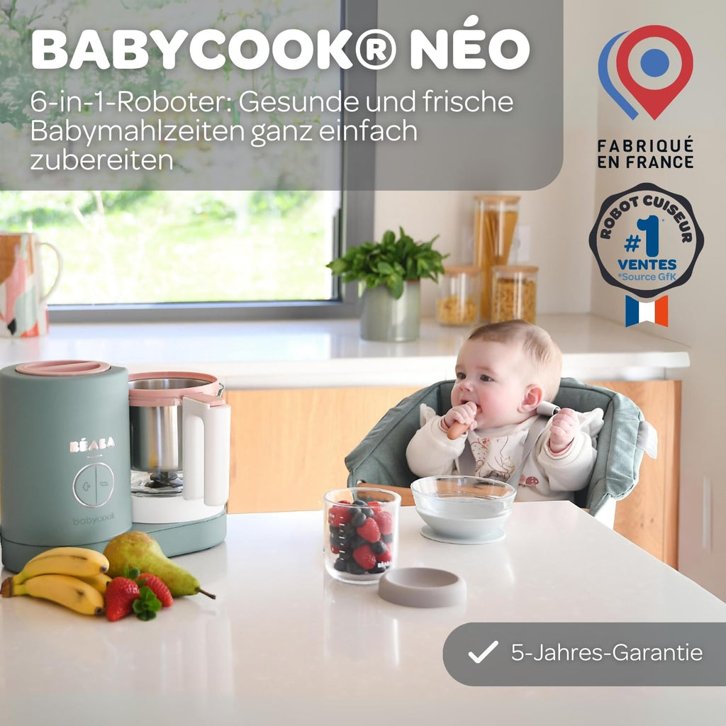Béaba - Babycook Neo - 6 in 1 Babynahrungszubereiter - Schonender Dampfgarer - Glaskrug und Garkorb aus Edelstahl - Mineralgrau