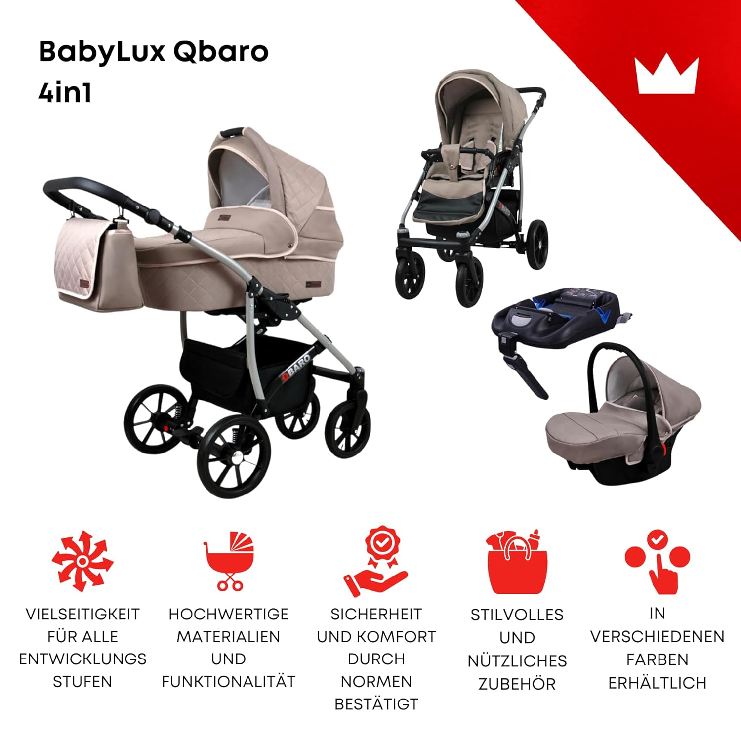 BabyLux® Bambimo Kinderwagen Set 3 in 1 - Qbaro - incl. Babywanne, Buggy Sportsitz, Auto-Babyschale - Autositz - Kinderwagenset - Kombikinderwagen mit Wickeltasche, Regenschutz usw.