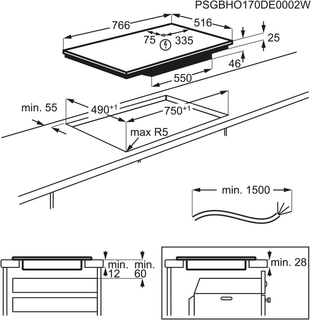 AEG piano cottura a induzione autonomo 80cm con cappa integrata / Prodotto in Germania / 4 zone cottura Flexi con funzione Bridge (combinazione di 2 zone) / Funzione automatica della cappa / Filtro a carbone attivo / COLI84COXB