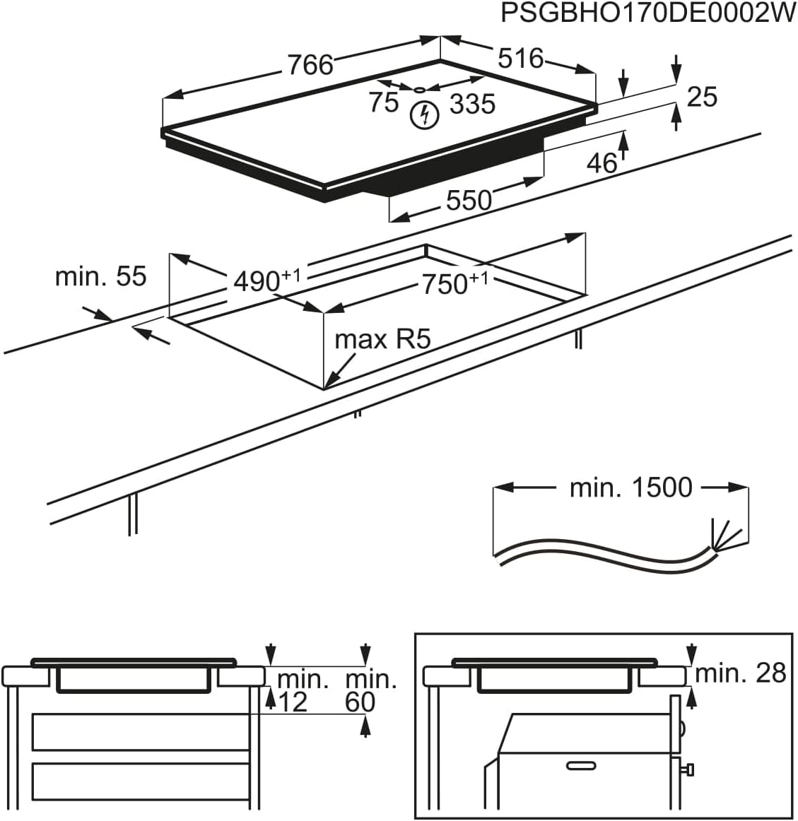 AEG piano cottura a induzione autonomo 80cm con cappa integrata / Prodotto in Germania / 4 zone cottura Flexi con funzione Bridge (combinazione di 2 zone) / Funzione automatica della cappa / Filtro a carbone attivo / COLI84COXB