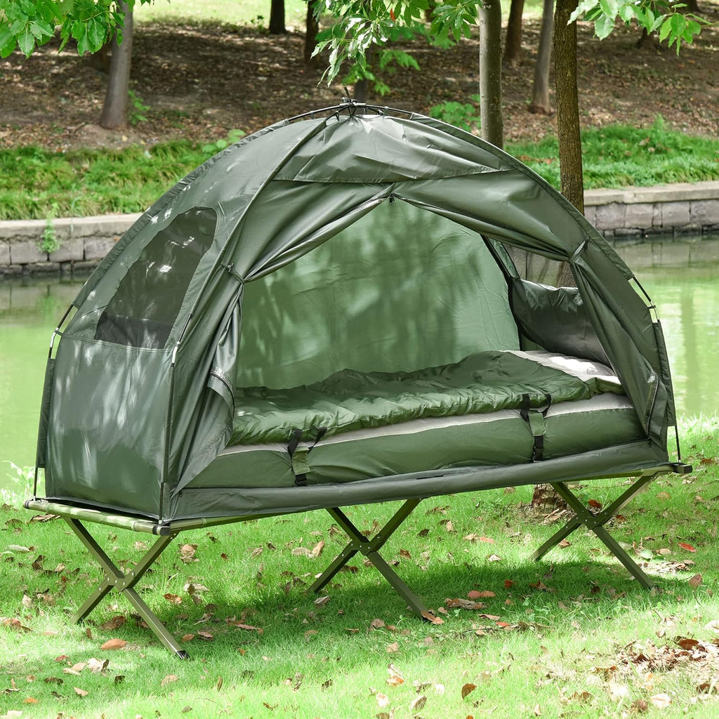 Outsunny Lettino da campeggio 4 in 1 Set da campeggio con tenda Sacco a pelo Materasso pieghevole, Verde scuro