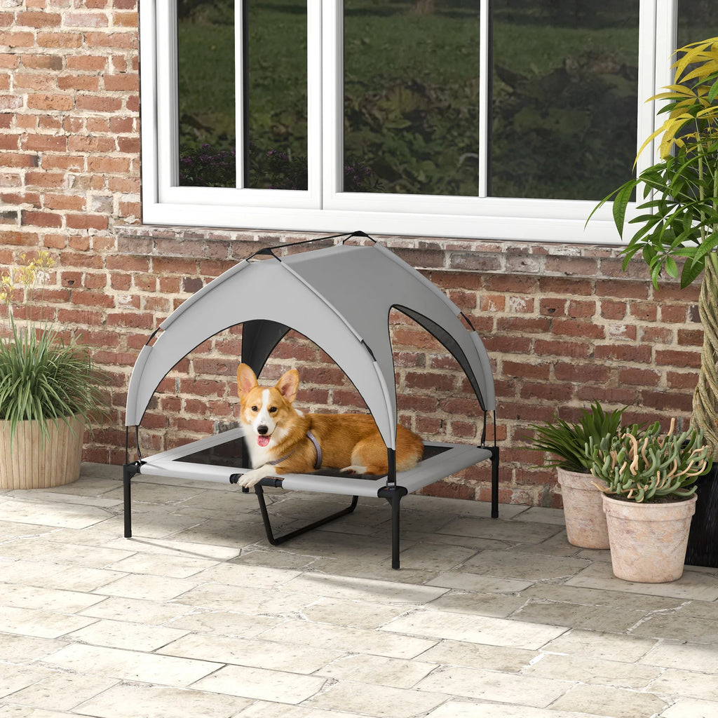 PawHut Cuccia Rialzata per Cani da Esterno con Tettoia – Grigio Chiaro, Traspirante