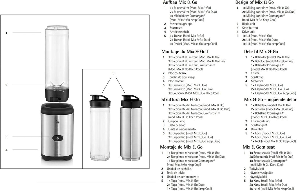 WMF Kult X Mix & Go Mini Smoothie Maker, frullatore, blender elettrico & Gastroback 46110 Contenuto: 700, 1400, 2000ml e tubo per sottovuoto, plastica, Altro