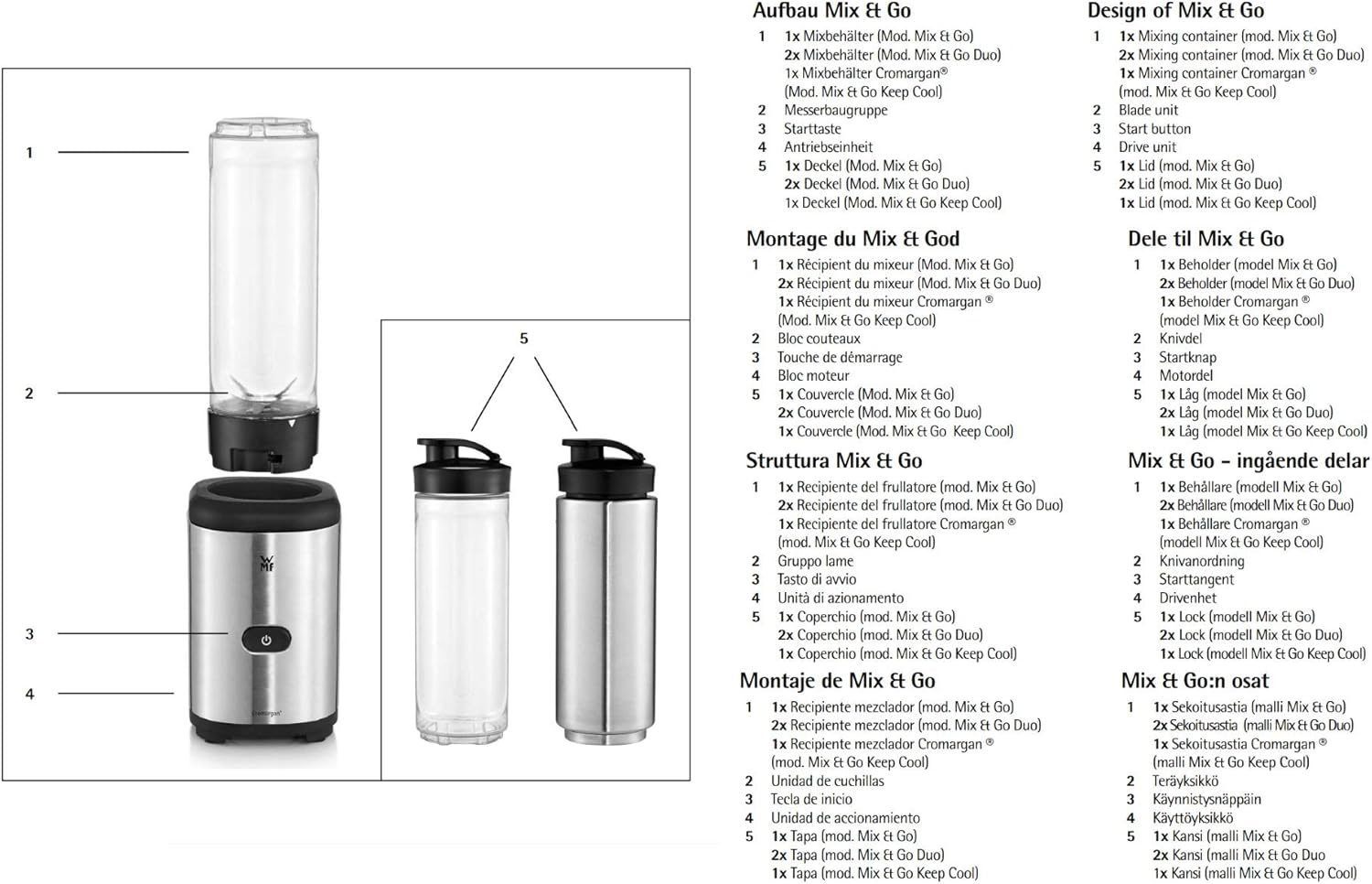 WMF Kult X Mix & Go Mini Smoothie Maker, frullatore, blender elettrico & Gastroback 46110 Contenuto: 700, 1400, 2000ml e tubo per sottovuoto, plastica, Altro