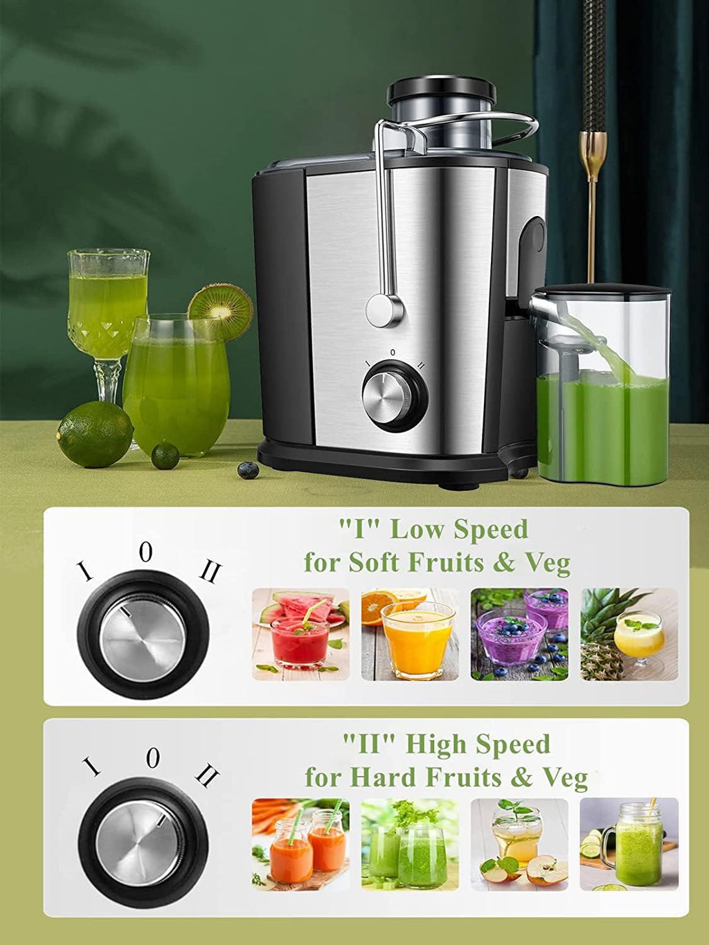 Juilist Entsafter Gemüse und Obst, 600W Juicer mit Groer Einfüllschacht (65 mm), 2 Geschwindigkeitsstufen, Anti-Tropf-System & Anti-Rutsch-Füe, Leicht zu bedienen und zu reinigen