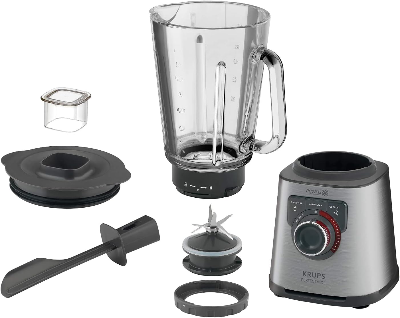 Krups KB403D Perfectmix + Hochleistungsstandmixer, 1.200W, 28.000 UpM, 2L Glasbehälter, 3 voreingestellte Programme, Powelix- Technologie, Edelstahl/Dunkelgrau