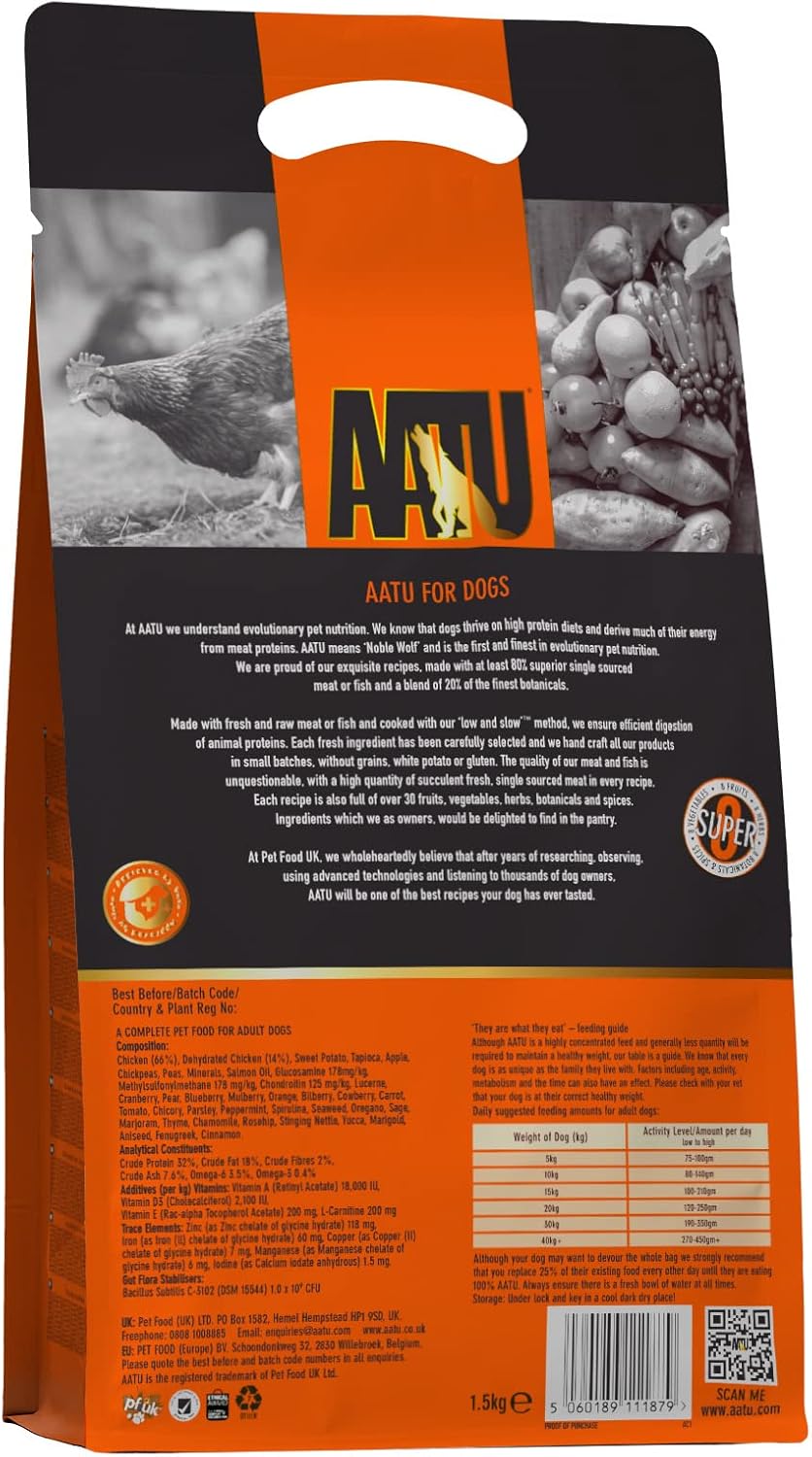 AATU Cibo Secco per Cani, Cibo Secco per Cani 80/20 con Pollo, Cibo per Cani Senza Cereali ad Alto Contenuto Proteico, Alimento Naturale per Cani Adulti di Tutte le Razze, 1,5 kg
