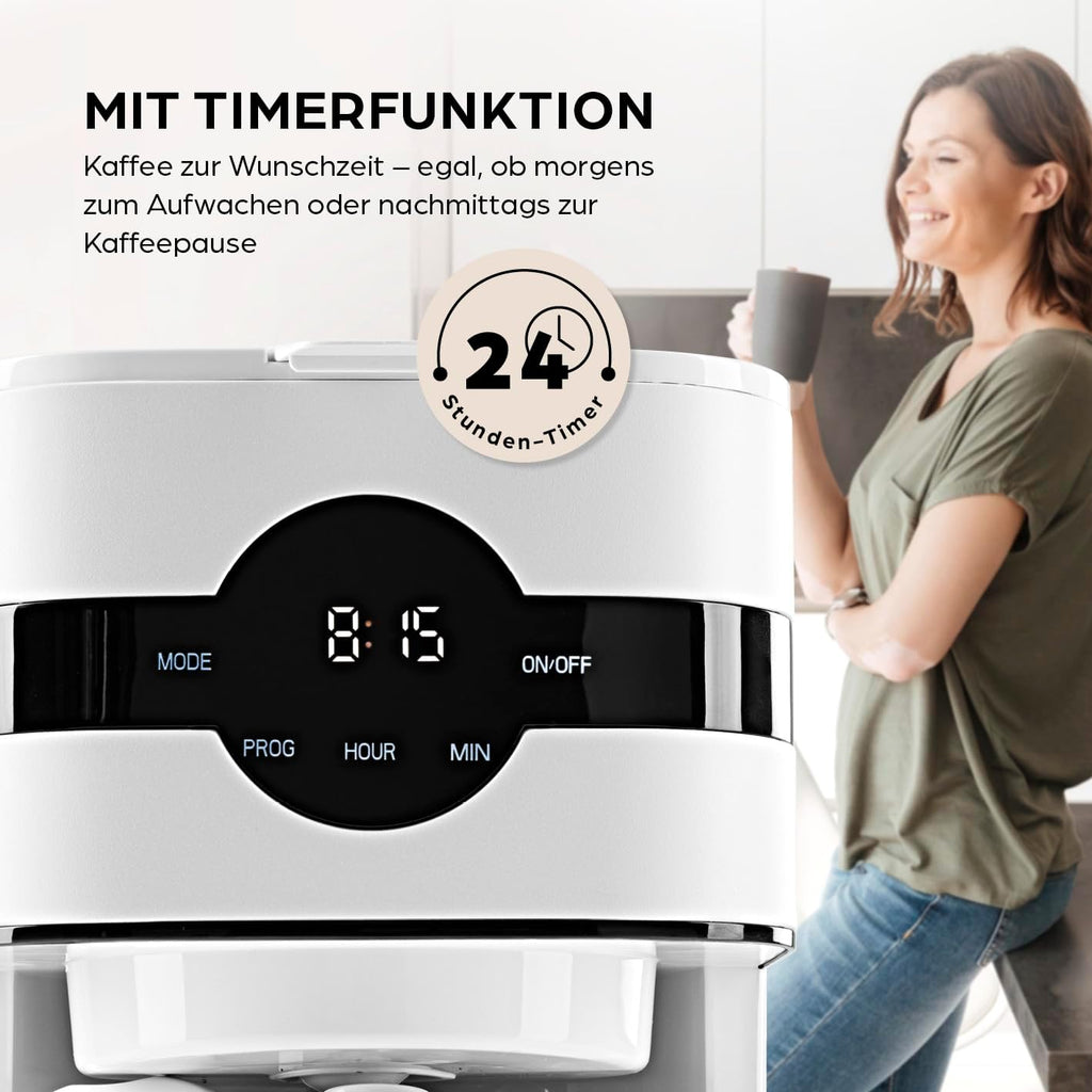 Barista Kaffeemaschine mit Mahlwerk | Filterkaffeemaschine mit Glaskanne | 900W Filtermaschine mit Touchdisplay & Timerfunktion für bis zu 10 Tassen | 1,25 Liter Kaffeekanne | Für Bohnen & Pulver