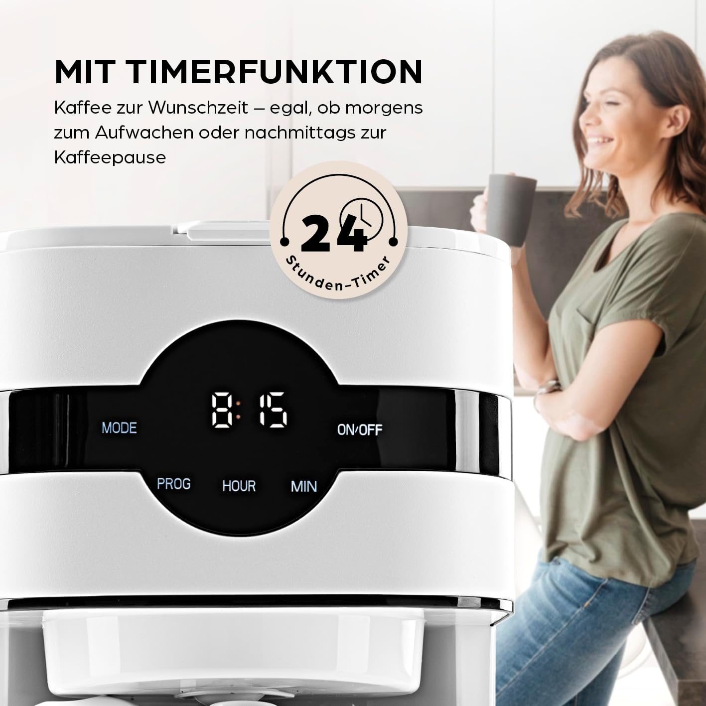 Barista Kaffeemaschine mit Mahlwerk | Filterkaffeemaschine mit Glaskanne | 900W Filtermaschine mit Touchdisplay & Timerfunktion für bis zu 10 Tassen | 1,25 Liter Kaffeekanne | Für Bohnen & Pulver