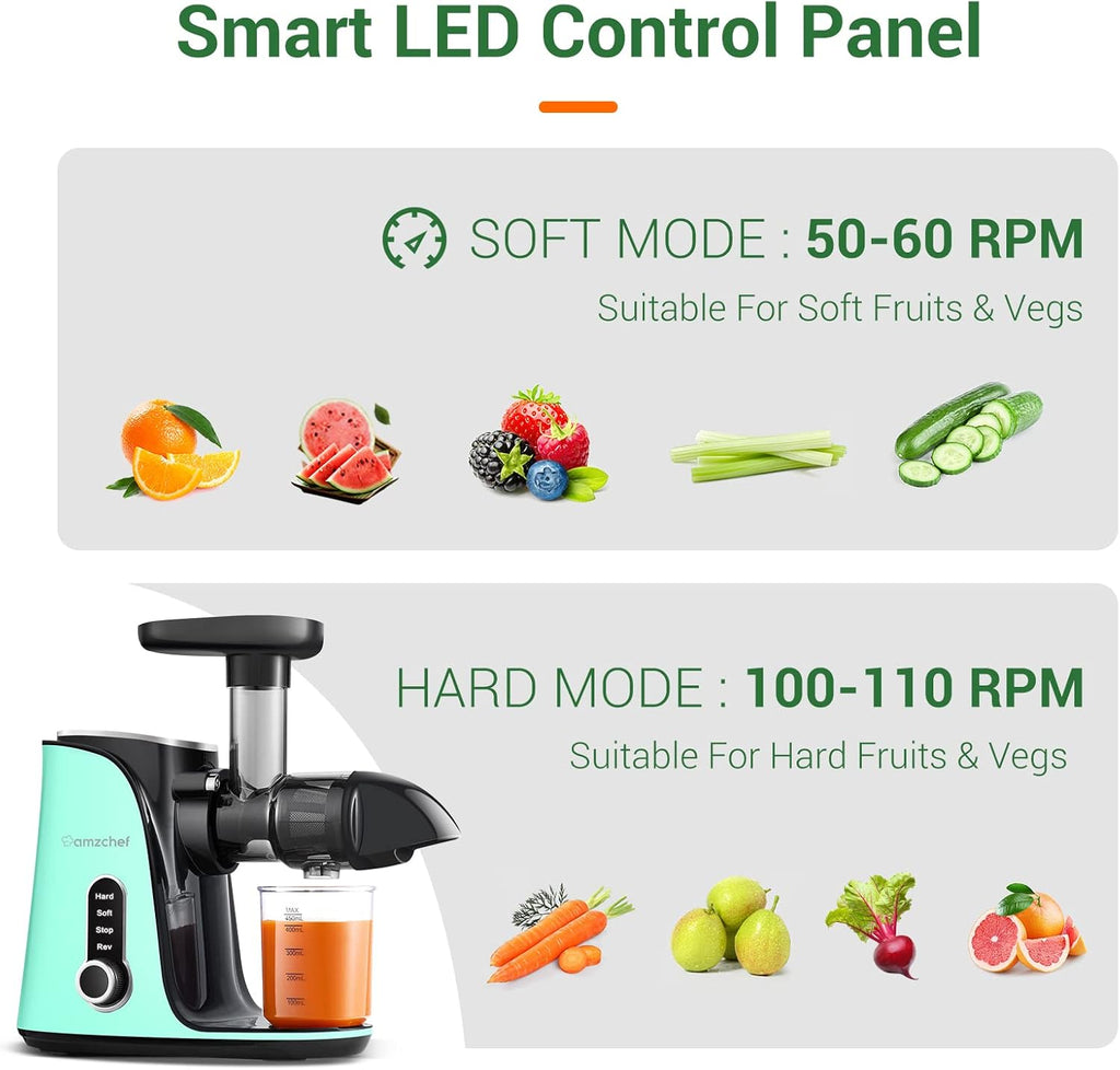 AMZCHEF Estrattore di Succo per Frutta e Verdura con 2 Modalità di Velocità - Slow Juicer con Bottiglia Portatile e 2 Tazze - Cold Press Juicer Senza BPA con LED Intelligente e Funzione di Inversione - Nero