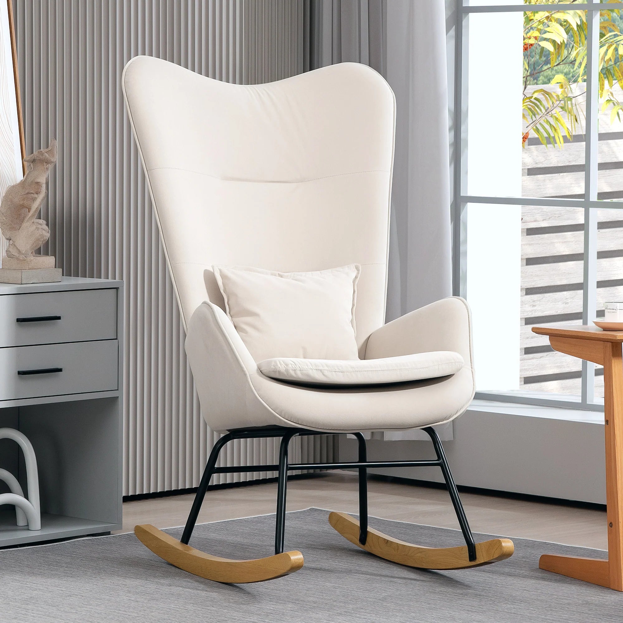 HOMCOM Sedia a Dondolo con Cuscino Lombare e Strisce in Feltro, Bianco Crema