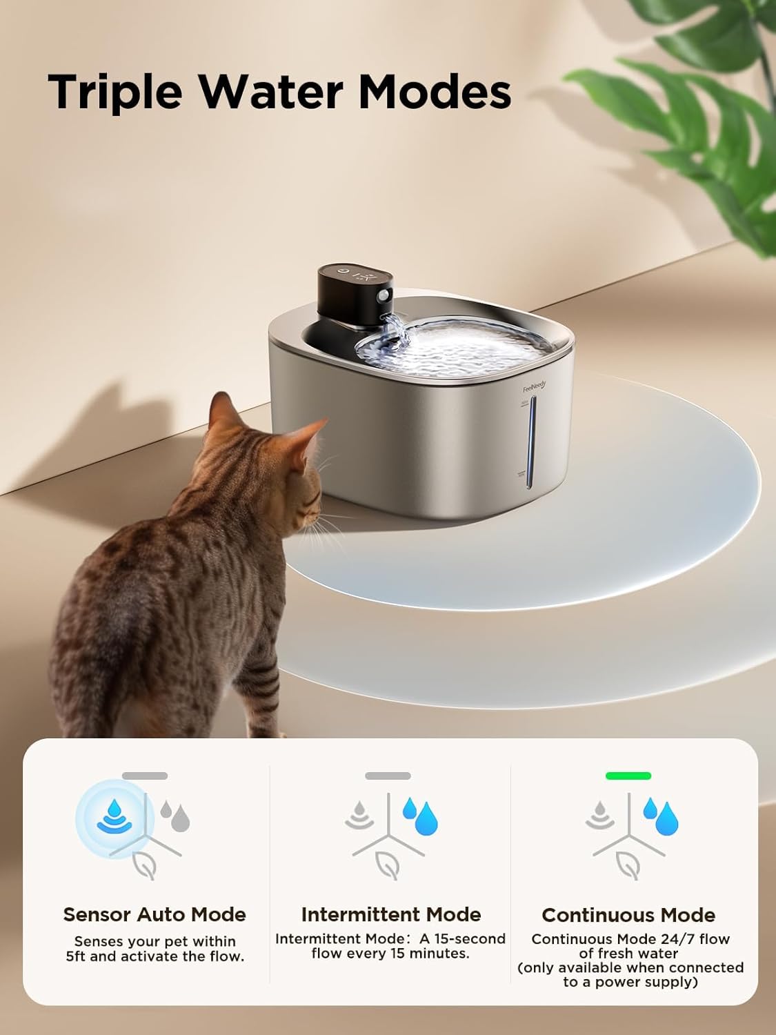 Fontana per Gatti Senza Fili con Sensore di Movimento a Batteria da 4000mAh, Fontana d'Acqua Silenziosa da 4L FEELNEEDY con Sensore di Movimento per Gatti e Cani Piccoli, Vasca d'Acqua in Acciaio Inossidabile, 2 Filtri
