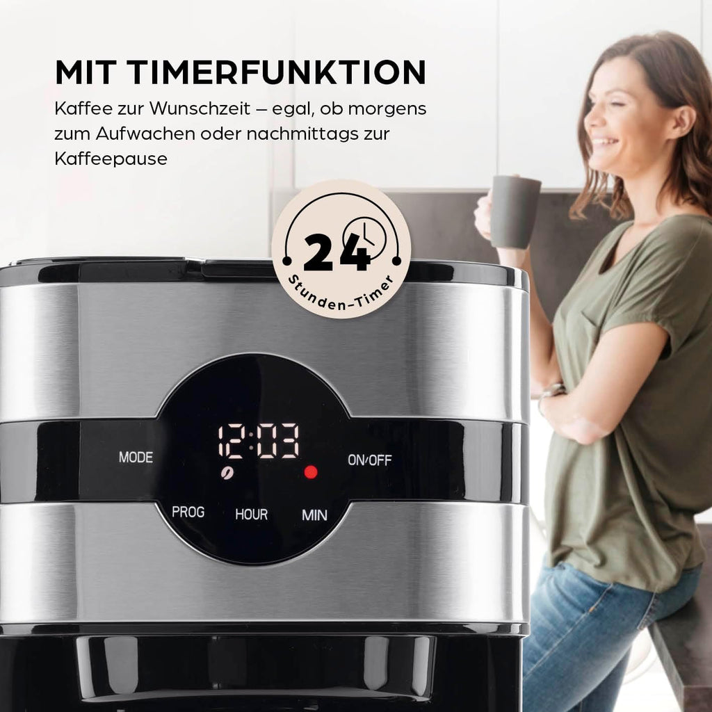 Barista Filterkaffeemaschine mit verstellbarem Mahlwerk & Thermokanne | Warmhaltefunktion, 24h Timer & Permanentfilter | Für 10 Tassen Kaffee | Kaffeemaschine für Bohnen & Pulver [Edelstahl]