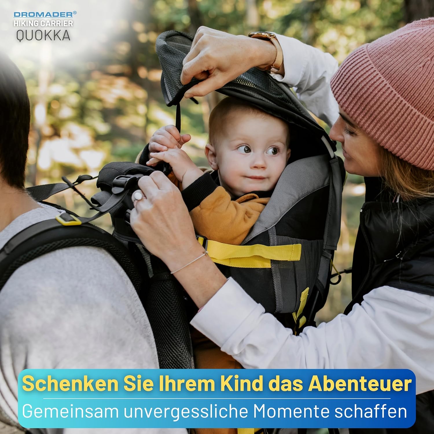 Dromader Kraxe Kindertrage bis 22kg – Kindertrage Wandern mit Sonnendach, Regenschutz, Thermotasche, Wickelmatte – Einhändig klappbare Rahmen – Blau