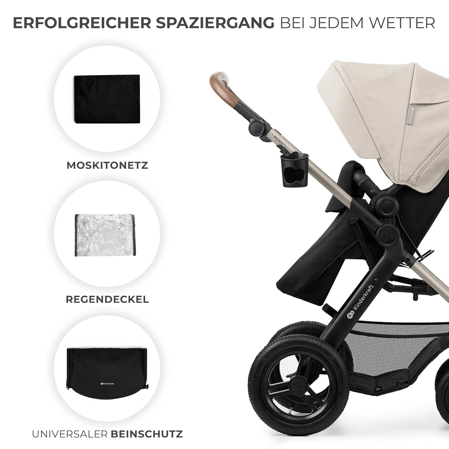 Kinderkraft MOOV2 AIR Passeggino 3 in 1, Set da 26 kg con seggiolino auto I-SIZE 40-75 cm, funzione passeggino, schienale reclinabile, ampia cappottina estensibile, ruote gonfiabili, grigio
