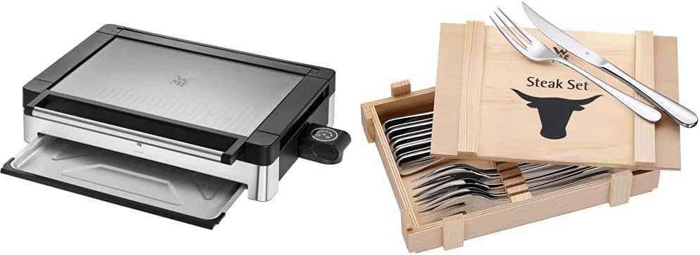 WMF Lono Barbecue elettrico da tavolo con coperchio in vetro, piastra rivestita, vaschetta raccogli-grasso rimovibile, lavabile in lavastoviglie, acciaio inox opaco, 2200 Watt