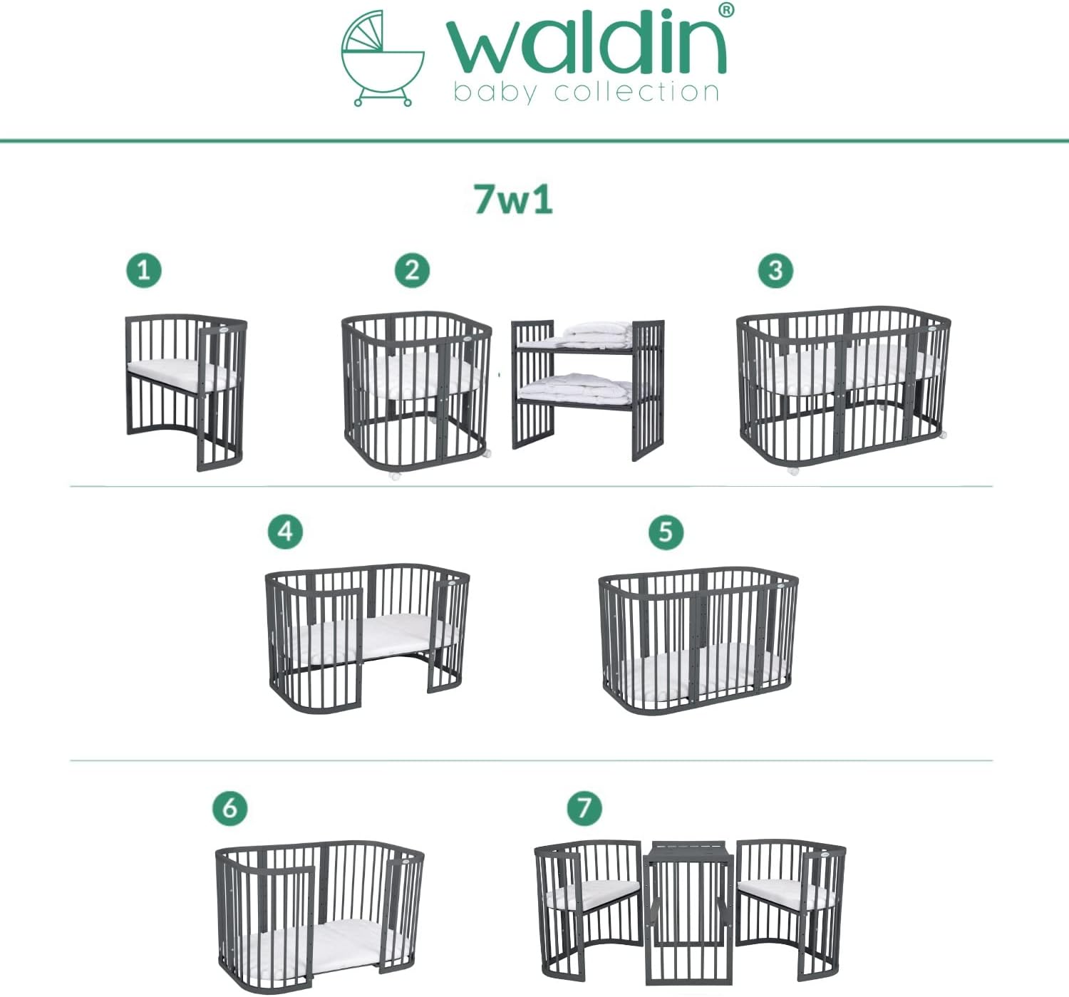 Waldin Lettino per bambini in legno 7in1 con materasso, Letto "Cresci con me", Ventilato, Base regolabile in 5 altezze, Set All-Inclusive, Legno Bianco