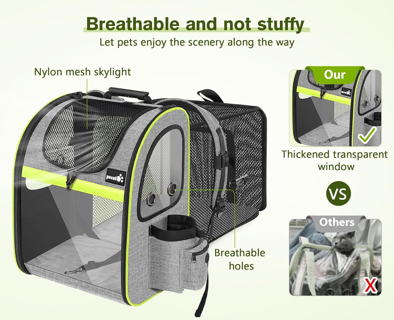 pecute Haustier Rucksack mit Netzfenster, Tragbare und Faltbare Katzentasche, Atmungsaktive und Leichte Hundetasche, Wasserdichtes Oxford-Tuch mit Viel Platz, Multifunktionales Rutschfestes Grau XL