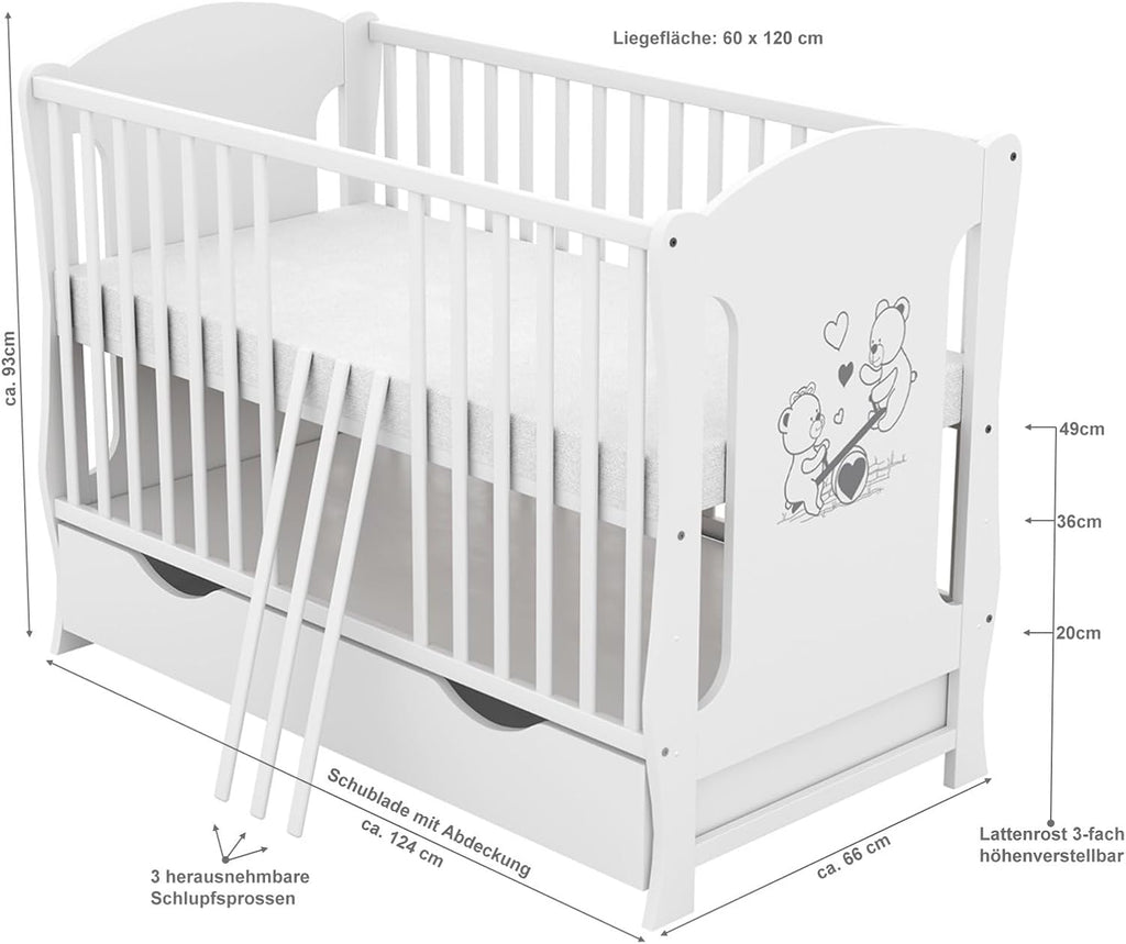 Baby Delux Babybett 60x120 weiß Kinderbett umbaubar zum Juniorbett Schublade Matratze Teddy Wippe Motiv