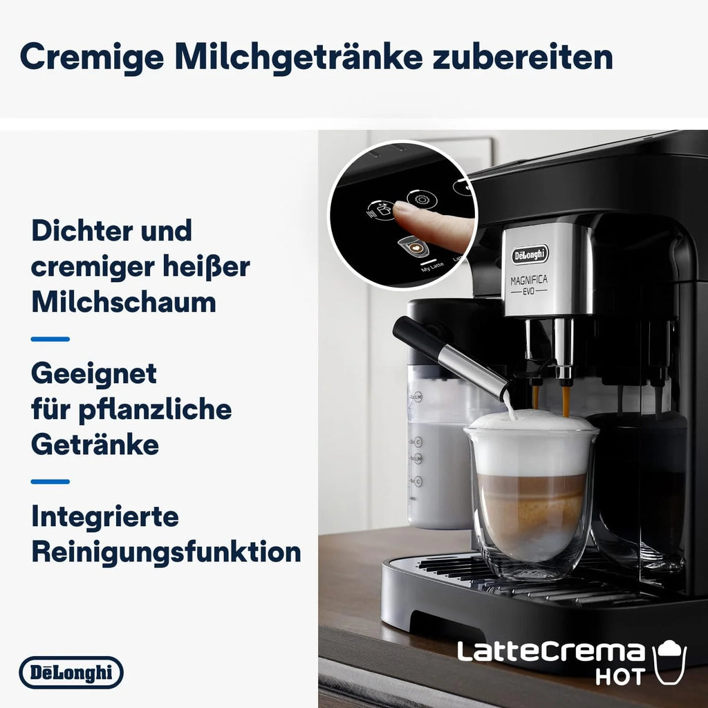 De'Longhi Magnifica Evo Next ECAM312.80.TB, Macchina automatica per caffè con 13 bevande (Cappuccino, Espresso, Latte Macchiato), Display a colori TFT da 2,4'', Sistema latte LatteCrema, Funzione 2 tazze, Titanio