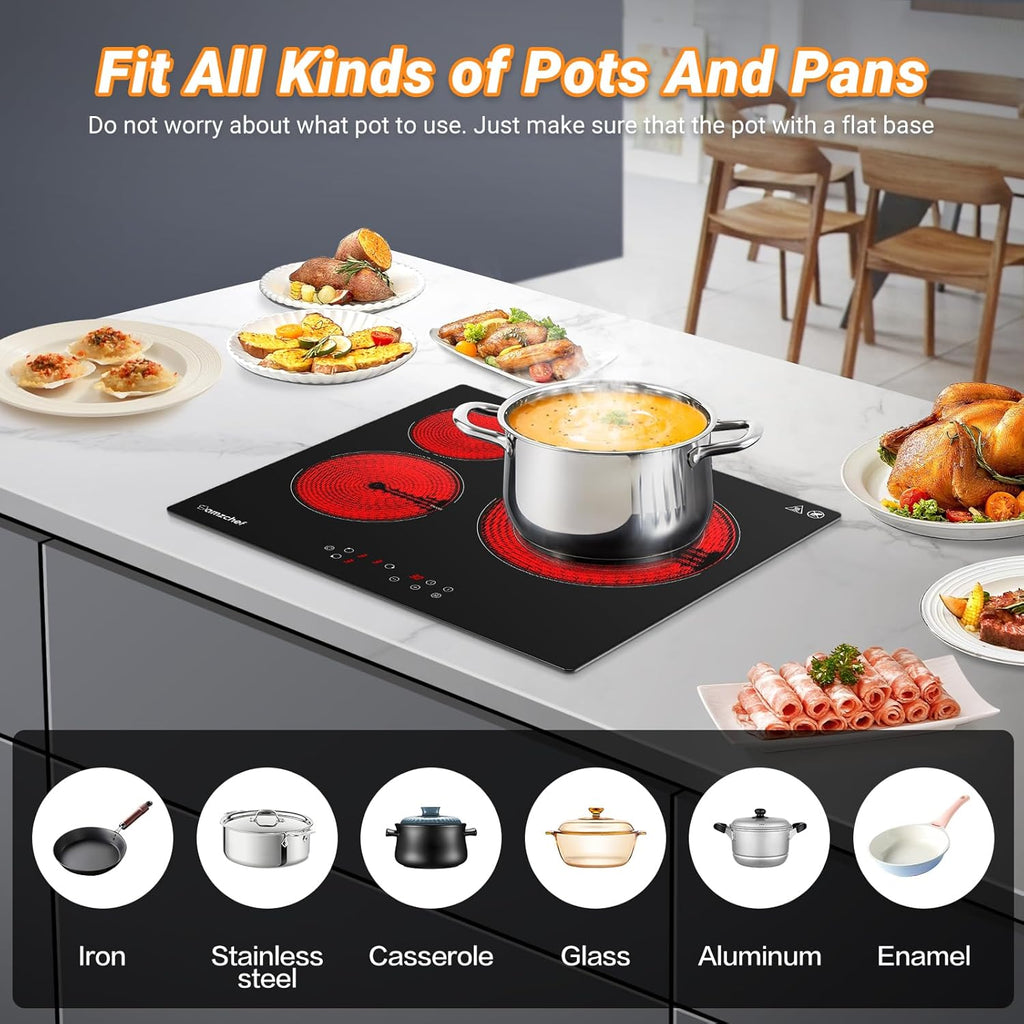AMZCHEF Induktionskochfeld 60cm mit Zwei Flexzonen, 4 Zonen Induktionskochplatte mit Boost-Funktion und 9 Leistungsstufen, Touch-Bedienung, Timer, Sicherheitsschloss, Überhitzungsschutz, BBQ, 7200W