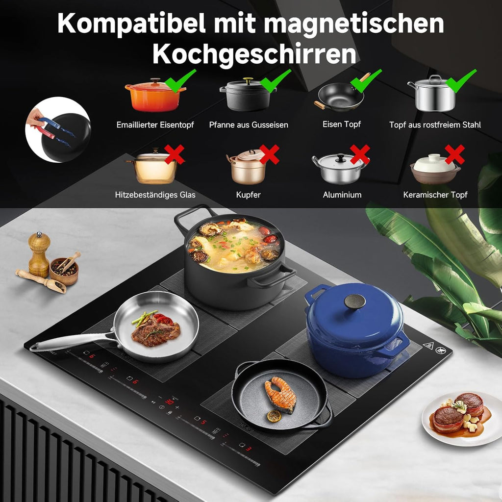 AMZCHEF Piano cottura a induzione 60cm con due zone flessibili, 4 zone, funzionamento silenzioso, 9 livelli di potenza e Booster - funzione BBQ, funzione pausa e mantenimento in caldo, 7400W