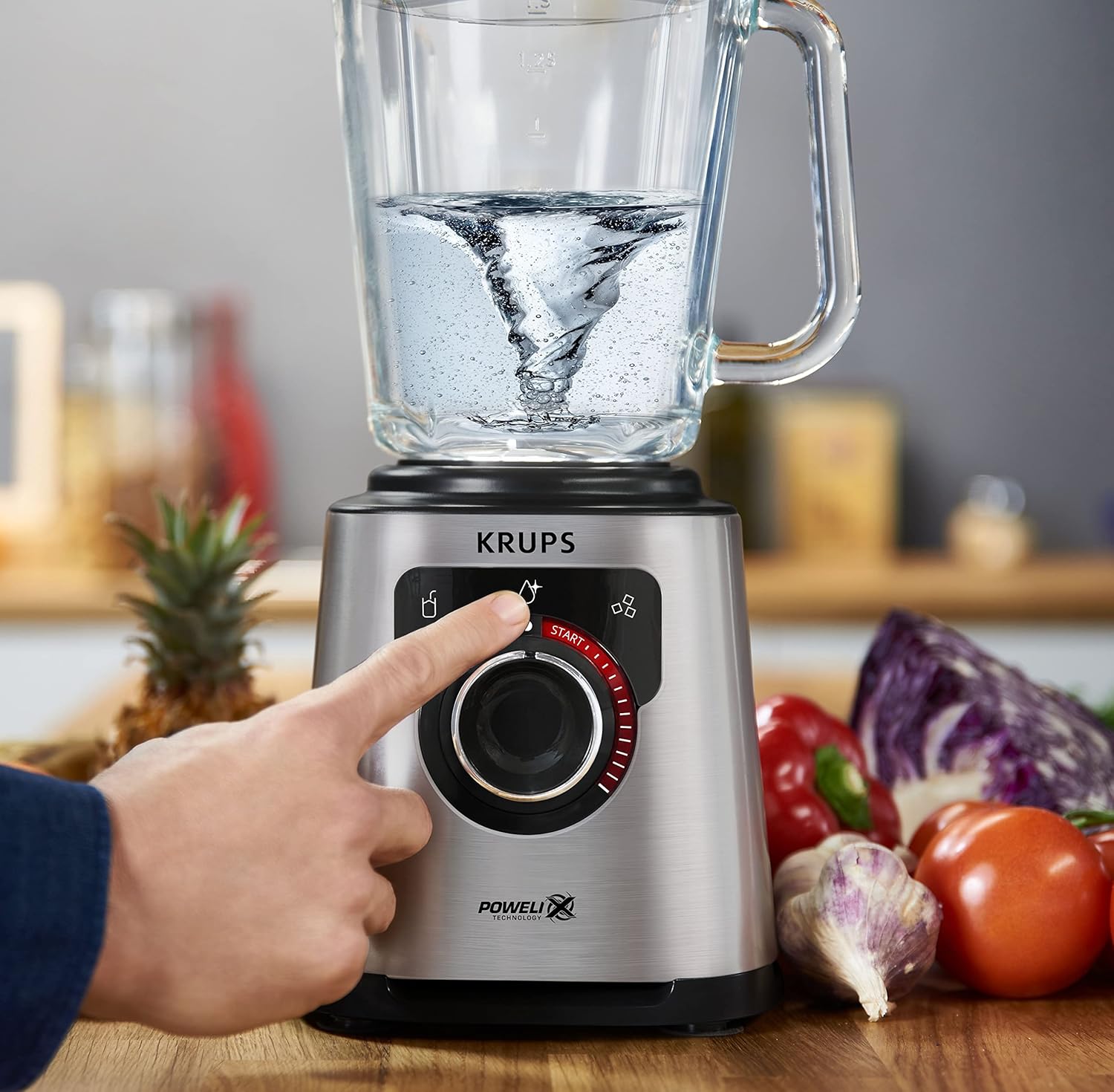 Krups KB403D Perfectmix + Hochleistungsstandmixer, 1.200W, 28.000 UpM, 2L Glasbehälter, 3 voreingestellte Programme, Powelix- Technologie, Edelstahl/Dunkelgrau
