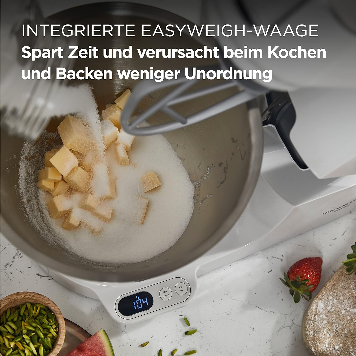 Kenwood Titanium Chef Baker KVL85.424SI Robot da cucina con bilancia integrata, incl. set pasticceria da 4 pezzi, ciotole da 7 L e 5 L, regolazione continua della velocità, 1200 W, Argento