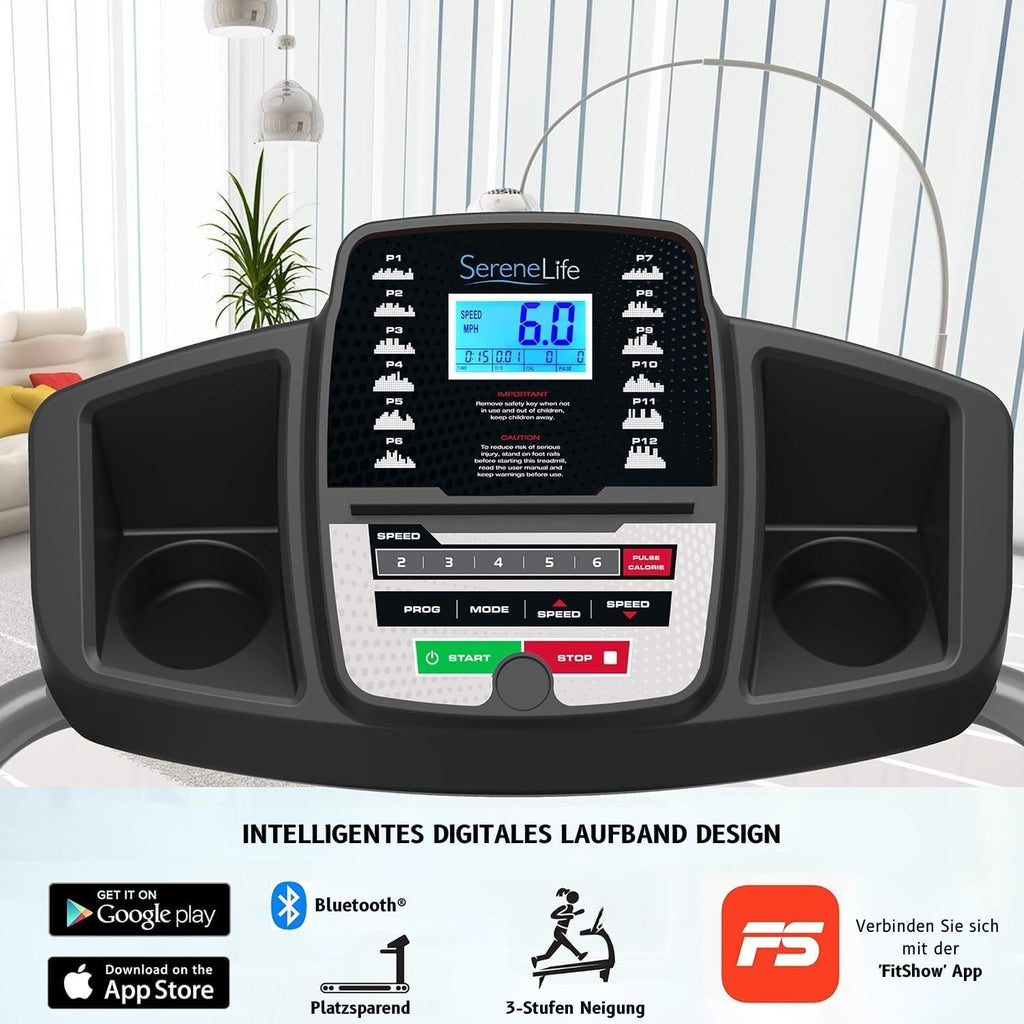Tapis roulant SereneLife per la casa - Tapis roulant pieghevole, Tapis roulant, con display a LED, tapis roulant per la casa, sincronizzazione app Bluetooth, fitness digitale, tapis roulant con inclinazione, fino a 10 km/h