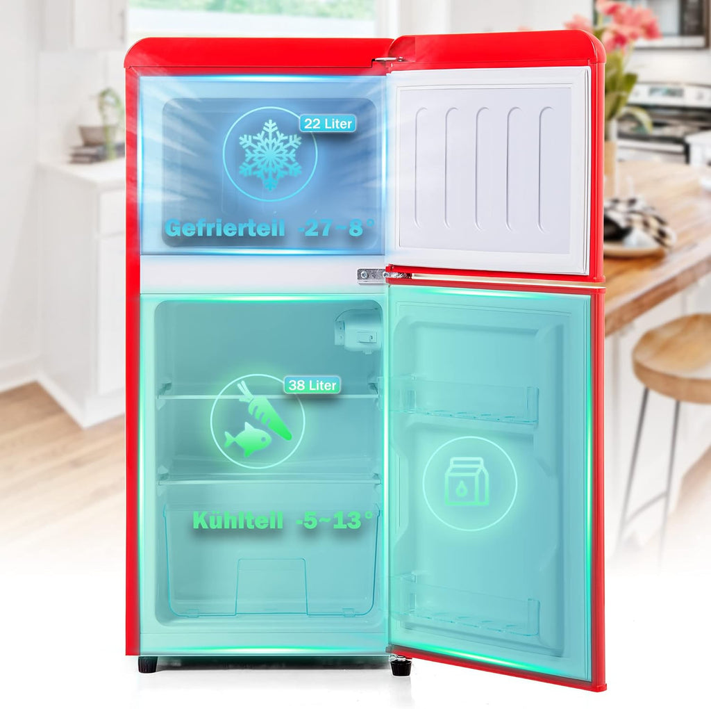 Merax Frigorifero con Congelatore, Frigorifero Combinato, Piccolo Frigorifero con 51L e Congelatore 21L, Silenzioso, LED, Ripiani in Vetro, Cassetto Verdura, Balconcini, per Cucina, Soggiorno, Ufficio, Nero