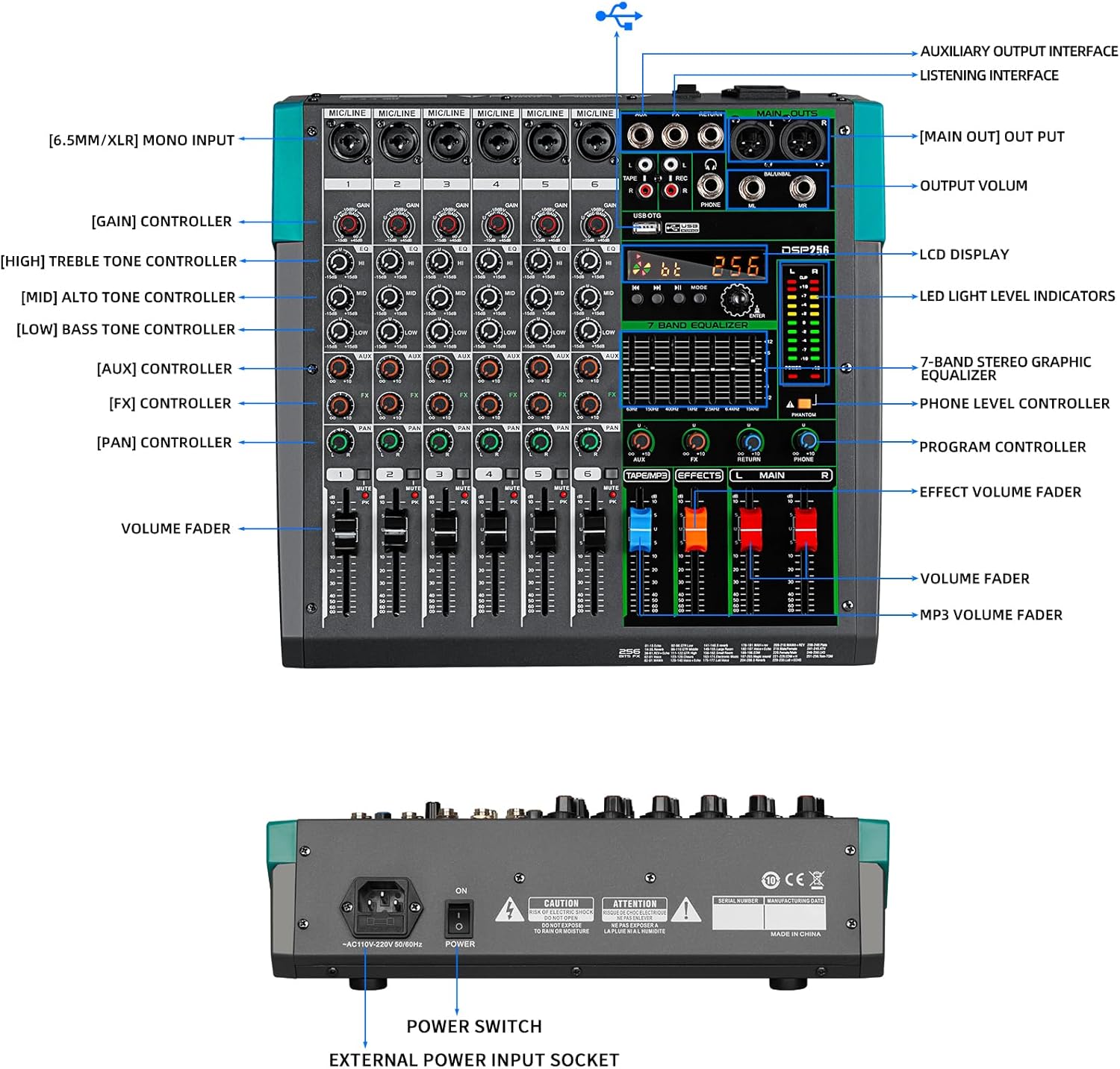 Depusheng PA12 Mixer DJ Professionale a 12 Canali con 256 Effetti DSP, Ingresso Bluetooth, Lettore USB, Alimentazione Phantom 48V