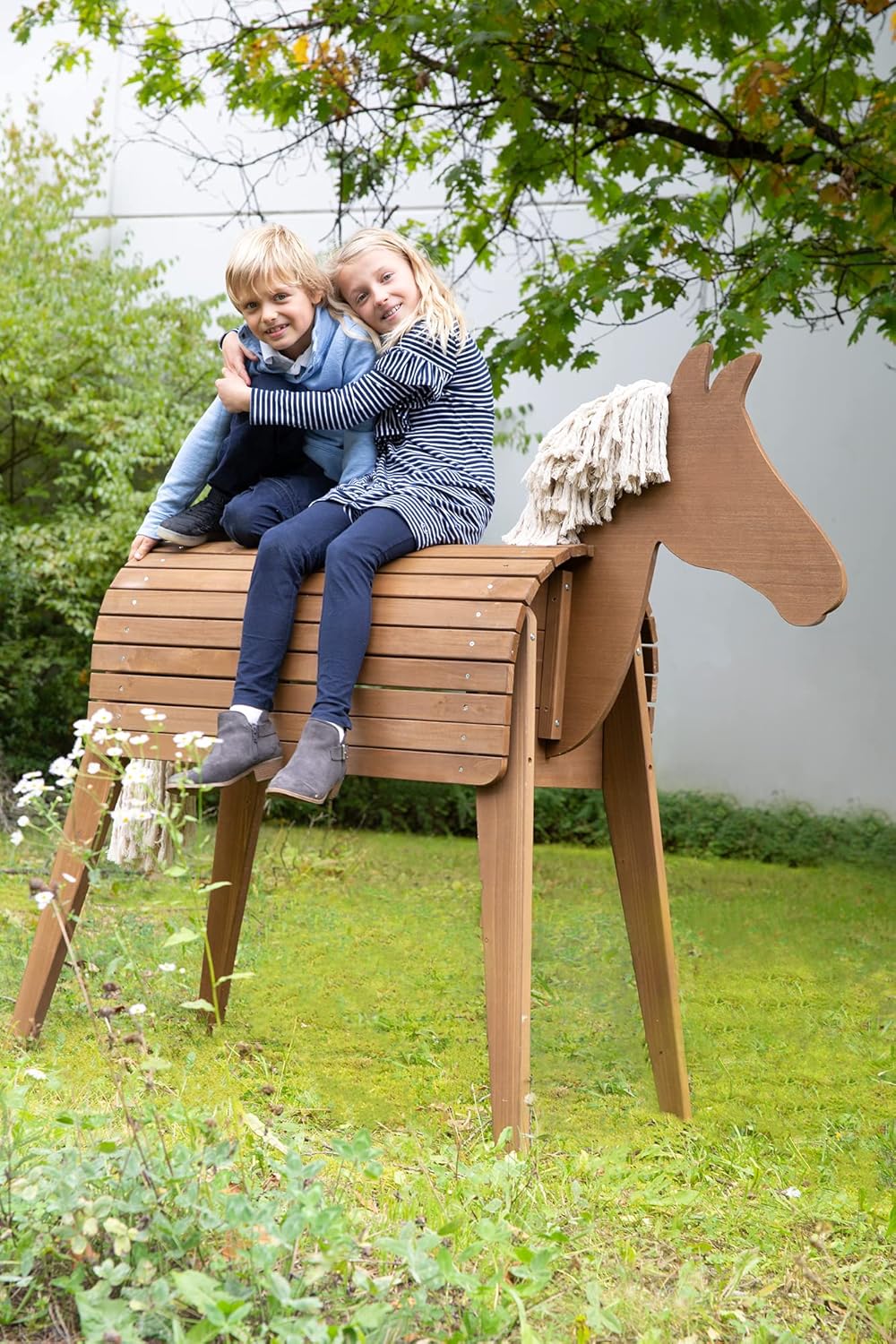 roba Holzpferd für den Garten - Voltigierpferd mit Mähne und Schweif - Spielpferd zum Turnen und Reiten - Holz massiv - Grau lasiert