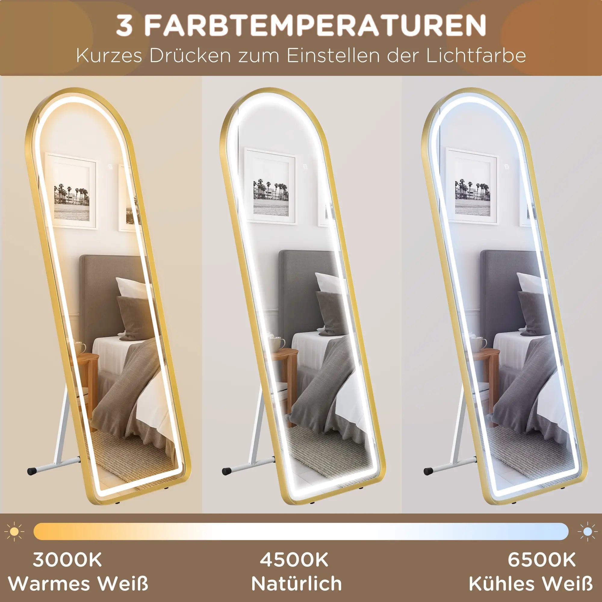 HOMCOM Standspiegel LED Touch dimmbar 3-in-1 Aluminium Gold