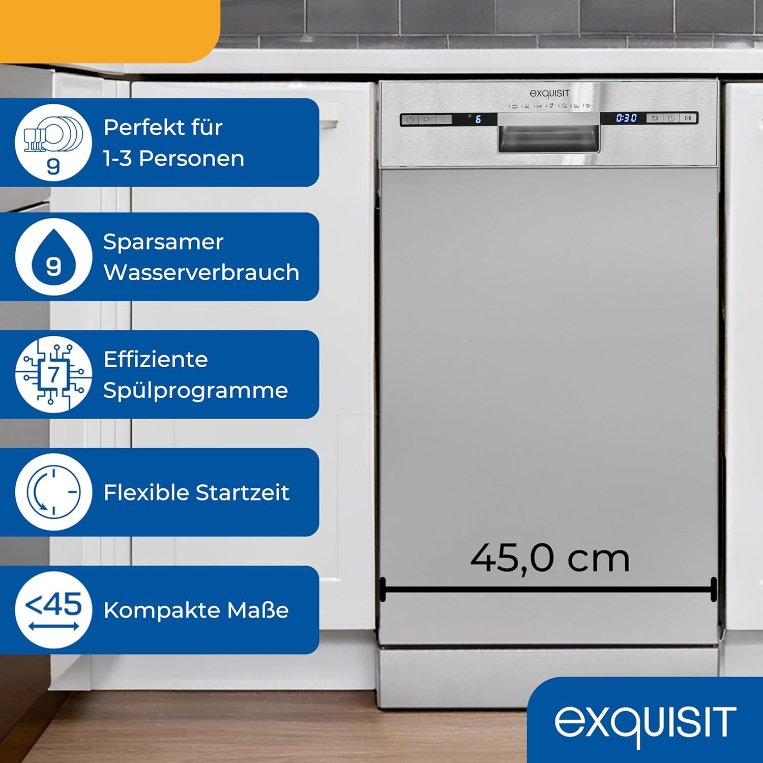 Exquisit Lavastoviglie, 9 Coperti, Lavastoviglie 45 cm, Power+, Modalità ECO, Lavastoviglie 45 cm, GSP59109-030E argento