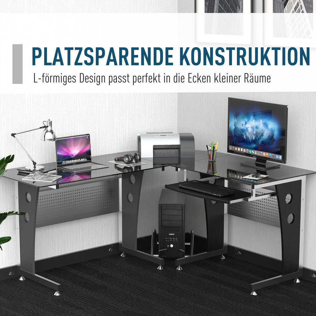 HOMCOM Scrivania angolare a L con vassoio per tastiera e supporto per PC tower