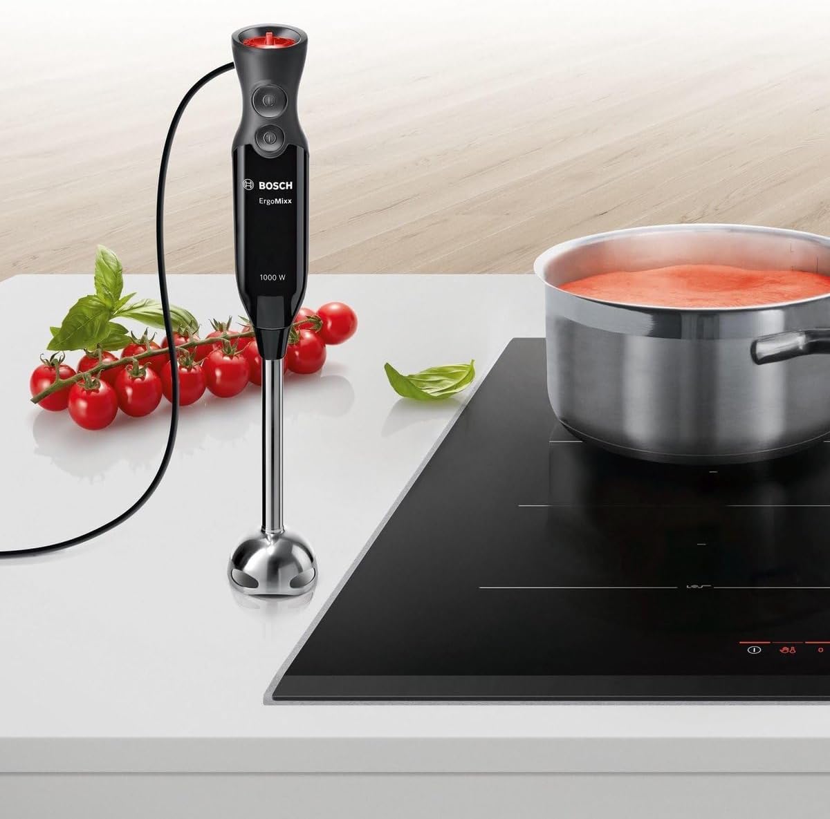 Bosch Frullatore a immersione ErgoMaster Serie 4, 1000 Watt, Piede in acciaio inox, Tritatutto, Bicchiere graduato, nero