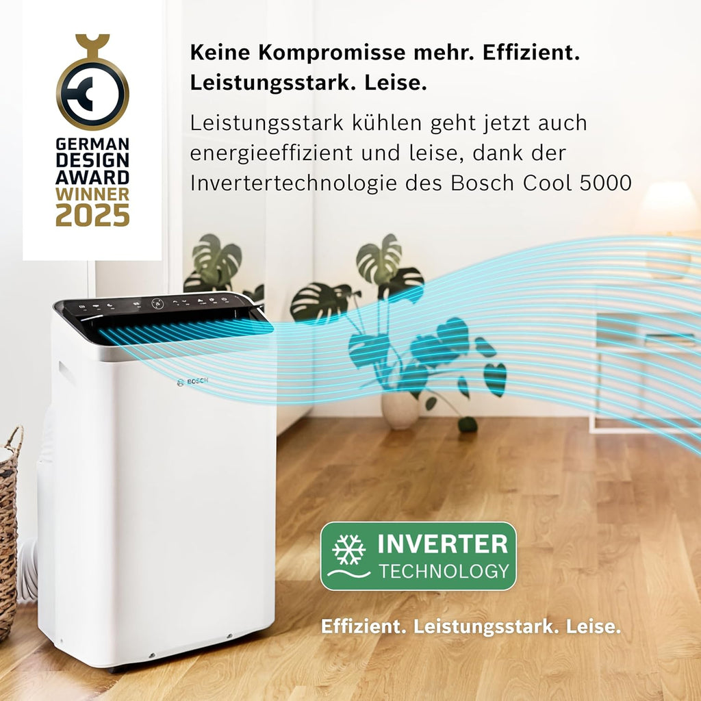 Bosch Cool 4000 Climatizzatore Mobile - 3-in-1: Climatizzatore, Deumidificatore, Ventilatore - 2,6 kW per ambienti fino a 35m² - Con modalità automatica, silenziosa e notturna