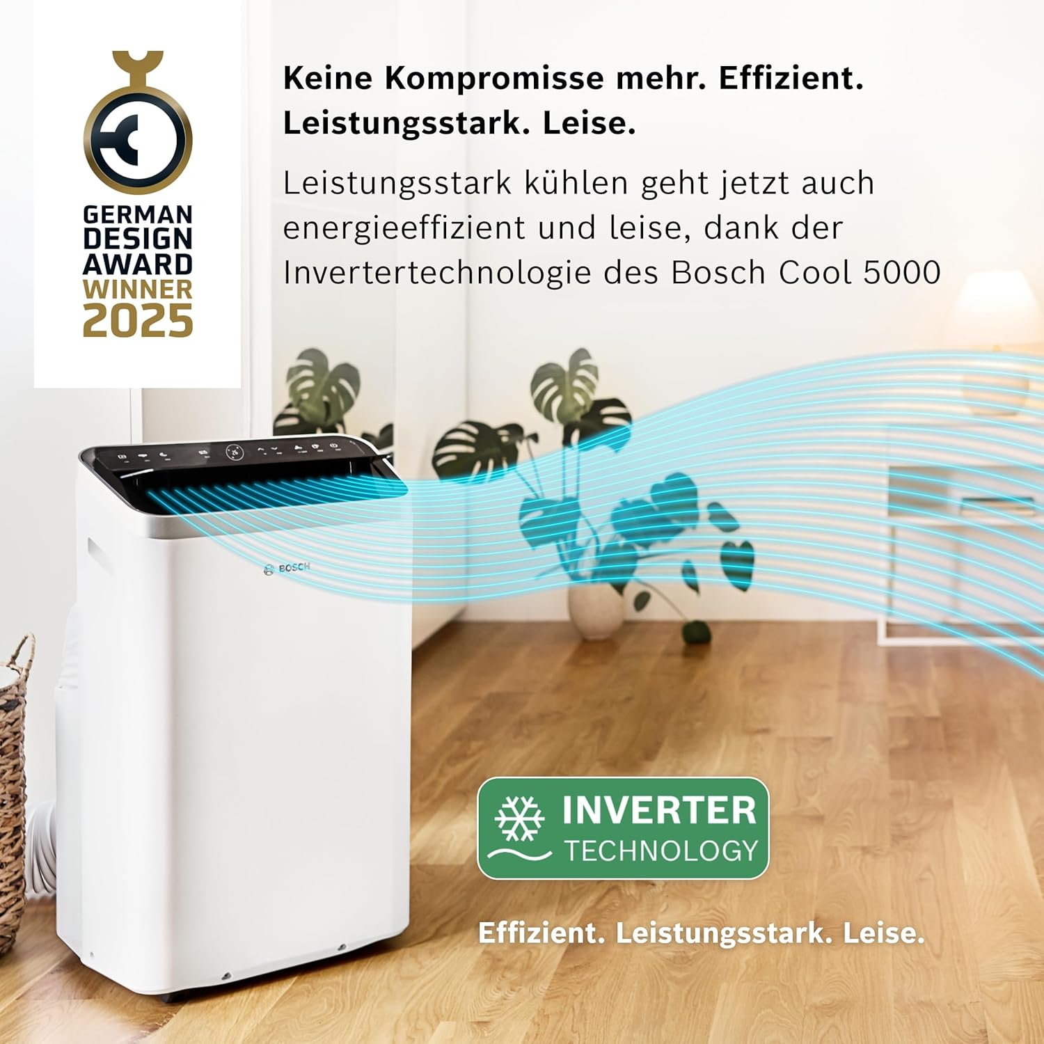 Bosch Cool 4000 Climatizzatore Mobile - 3-in-1: Climatizzatore, Deumidificatore, Ventilatore - 2,6 kW per ambienti fino a 35m² - Con modalità automatica, silenziosa e notturna