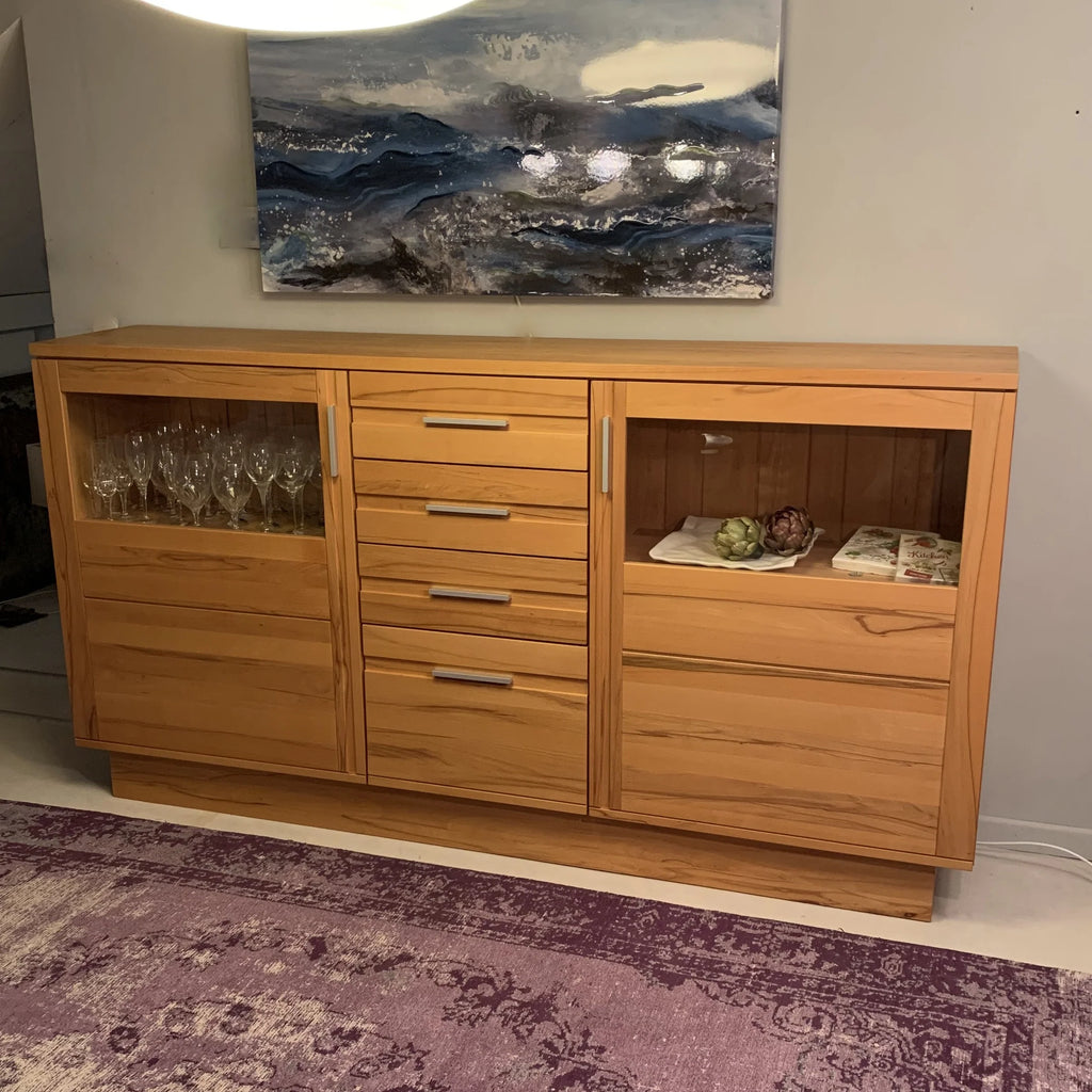 SALDI! Credenza alta moderna in legno massiccio di faggio 208x112x42cm con vetrina e ante scorrevoli e illuminazione
