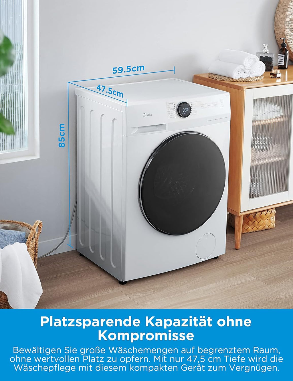 Lavasciuga Midea MF200D86WB-14EAS, 8/6kg lavaggio/asciugatura, Motore Inverter, Refresh, 60 min. Lavaggio e Asciugatura, Steam Care, Turbo Wash, 48 cm profondità, Controllo APP, AquaStop