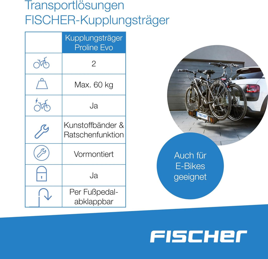Fischer Portabici da Gancio Traino Proline Evo 2, per 2 biciclette fino a 60 kg di carico utile, adatto per e-bike, preassemblato, con serratura, pieghevole