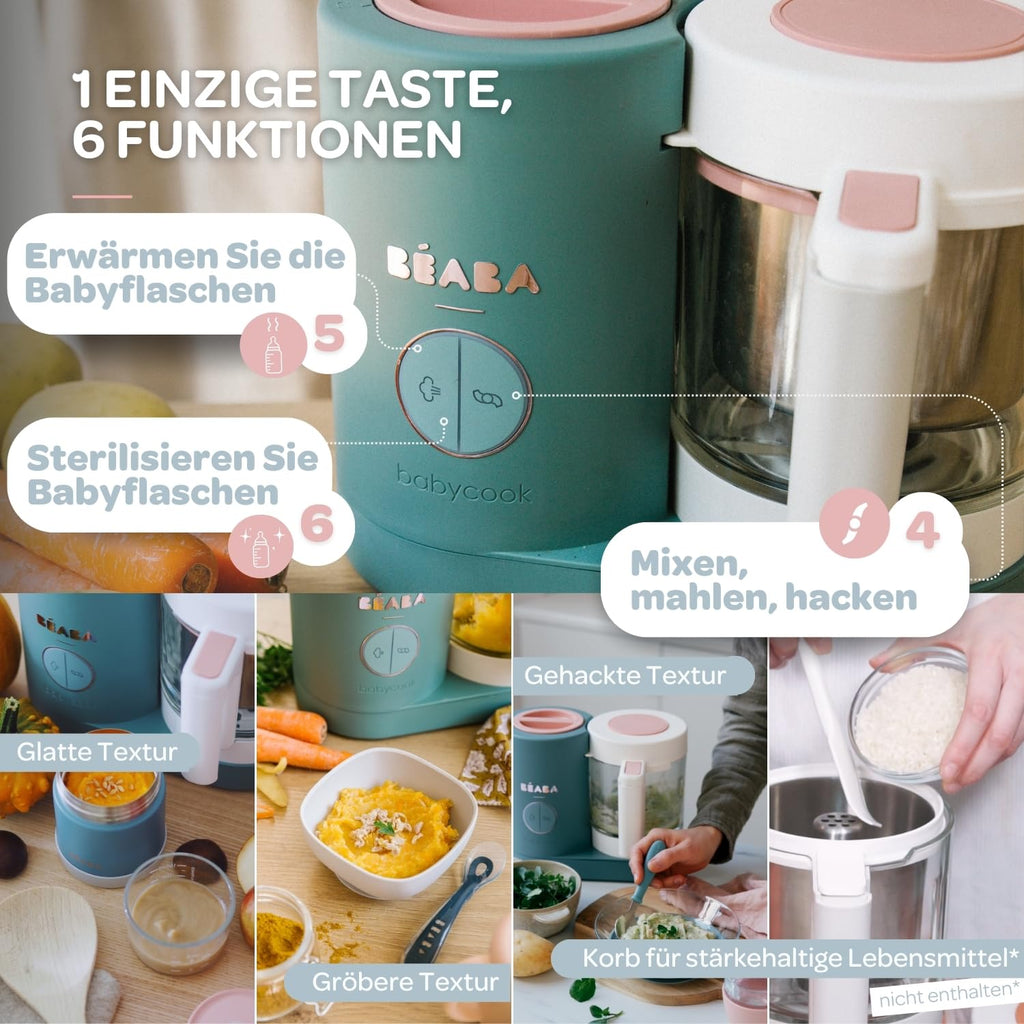 Béaba - Babycook Neo - 6 in 1 Babynahrungszubereiter - Schonender Dampfgarer - Glaskrug und Garkorb aus Edelstahl - Mineralgrau