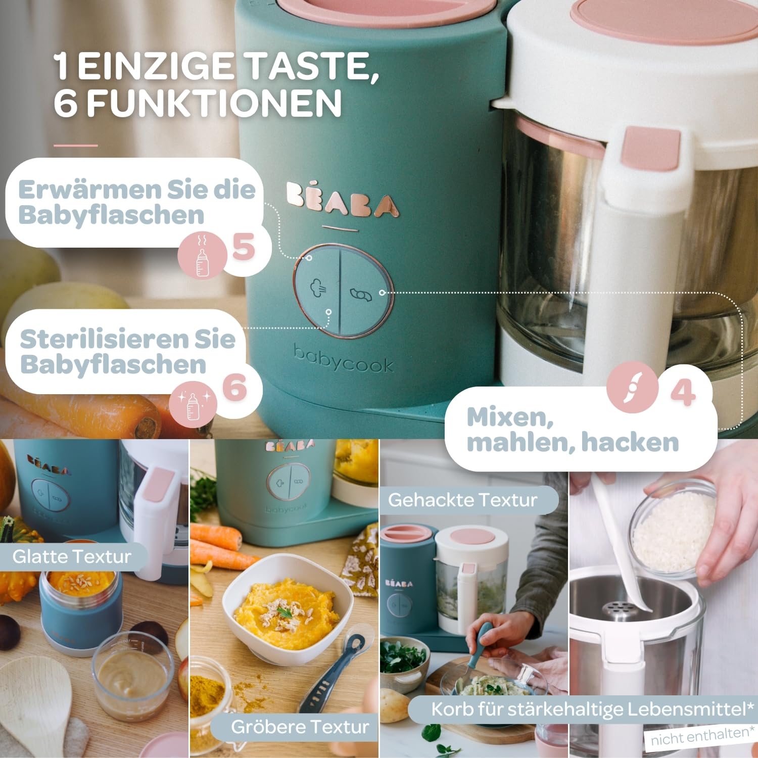 Béaba - Babycook Neo - 6 in 1 Babynahrungszubereiter - Schonender Dampfgarer - Glaskrug und Garkorb aus Edelstahl - Mineralgrau