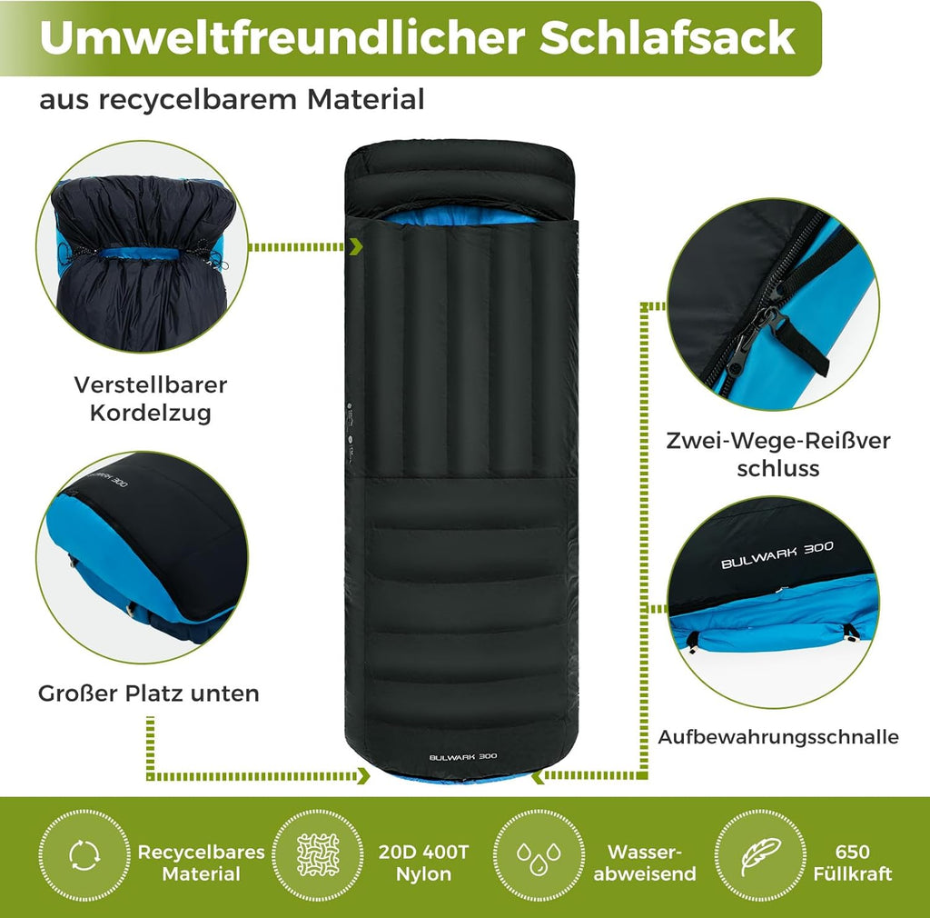 ATEPA Daunen Schlafsack Winter mit abnehmbare Decke, daunen Schlafsack XXL für 3-4 Jahreszeiten mit mattenbefestigung, Fußkasten, Zwei-Wege-Reißverschluss, Camping Outdoor