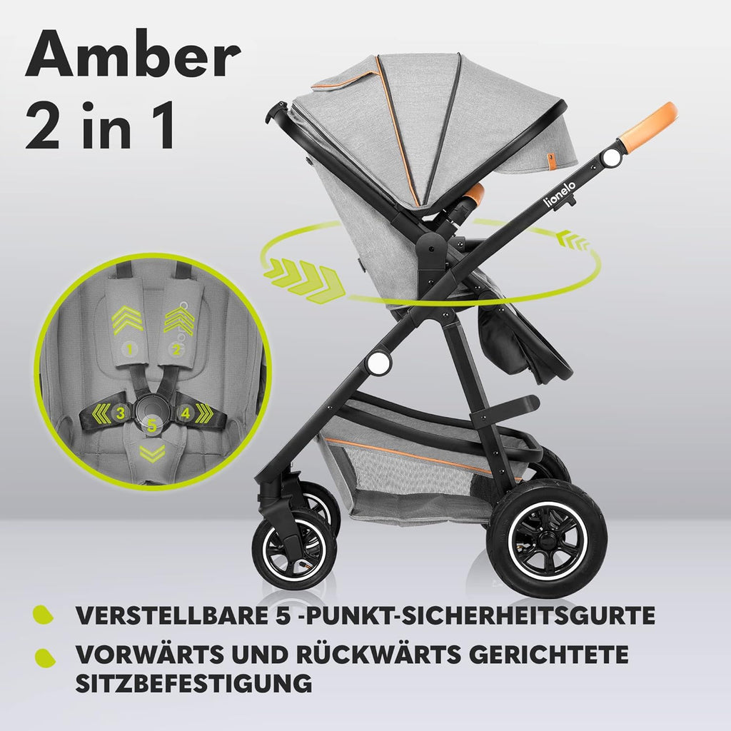 LIONELO Amber Kinderwagen 2 in 1 Kombikinderwagen, Kinderwagen Set mit sportlichen Sitz und fester Babywanne, Tasche, Moskitonetz, Abdeckung Regenblatt (Graphit)
