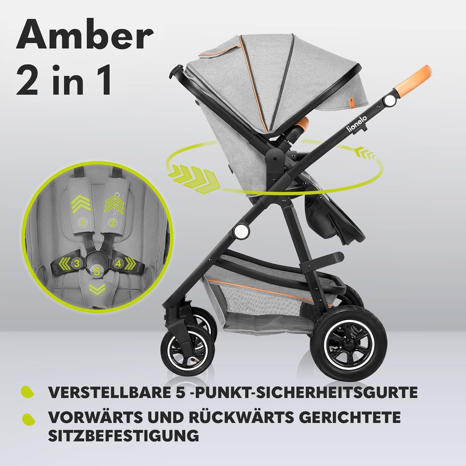 LIONELO Amber Kinderwagen 2 in 1 Kombikinderwagen, Kinderwagen Set mit sportlichen Sitz und fester Babywanne, Tasche, Moskitonetz, Abdeckung Regenblatt (Graphit)