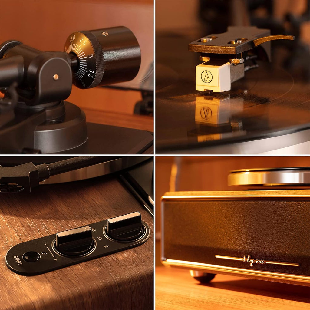 1 by ONE Plattenspieler mit Integrierten Lautsprechern Bluetooth 33/45 U/min Riemenantrieb MM Vinyl Record Player mit Auto-Stopp Funktion Phono-Vorverstrker