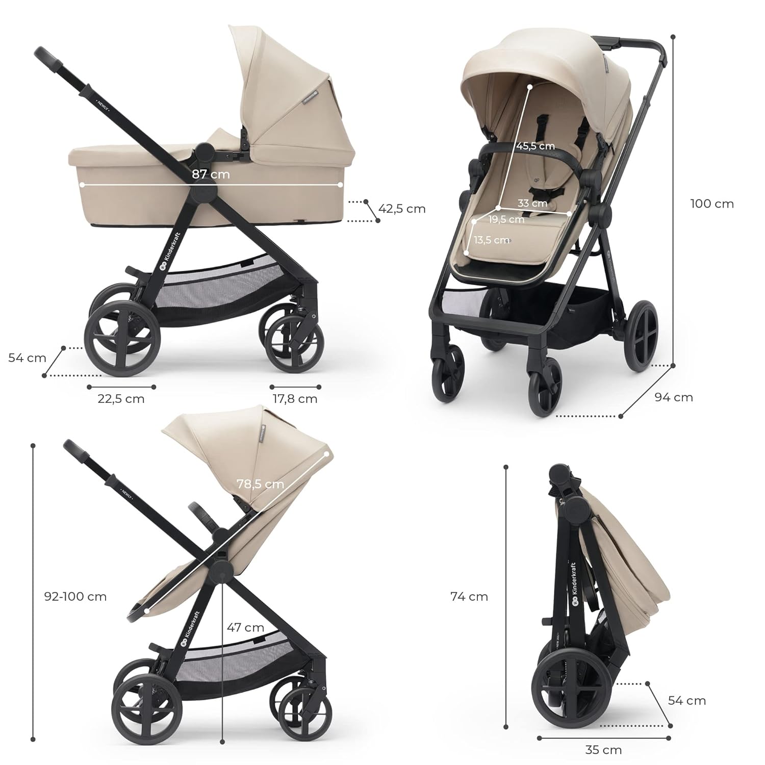Kinderkraft NEWLY Kinderwagen 3 in 1, Komplettset bis 22 kg, Kindersitz I-Size 40-75 cm im set, Kombikinderwagen mit Fußsack, wasserfestes Verdeck mit UPF50+, Zusammenklappen, Liegeposition, Beige