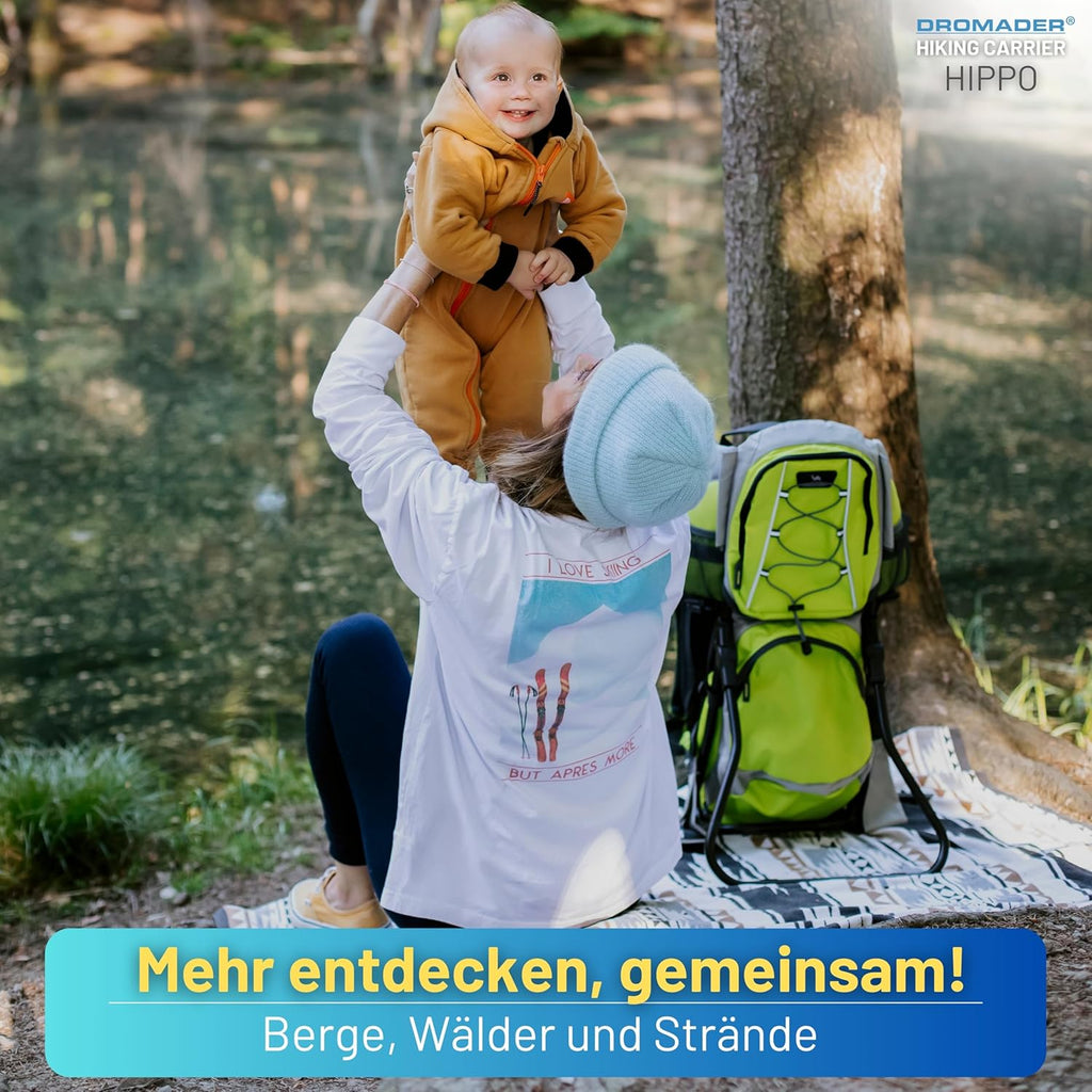 Dromader Kraxe Kindertrage bis 22kg – Kindertrage Wandern mit Sonnendach, Regenschutz, Thermotasche, Wickelmatte – Einhändig klappbare Rahmen – Blau
