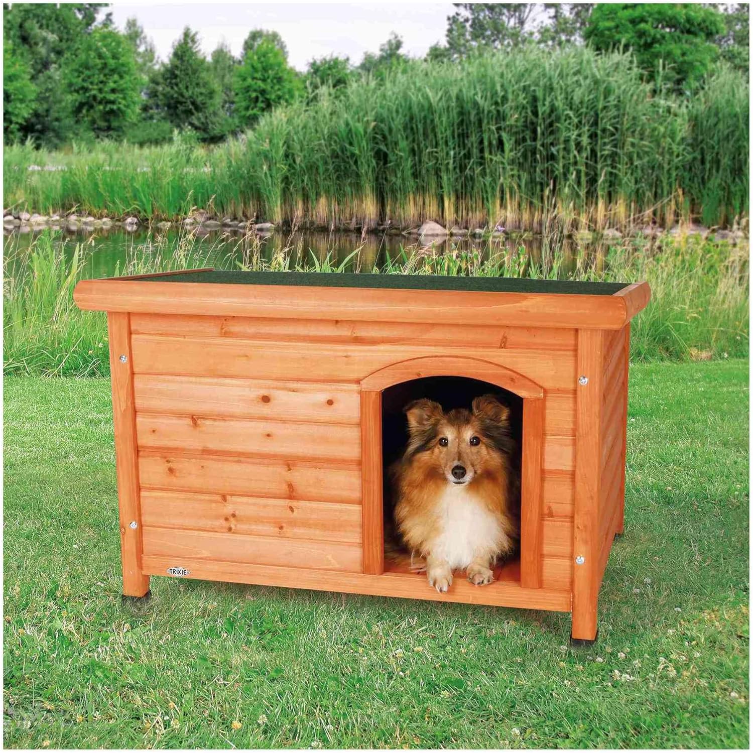 TRIXIE Cuccia per cani natura Classic tetto piatto, resistente alle intemperie e apribile, S–M: 85 × 58 × 60 cm, marrone - 39551